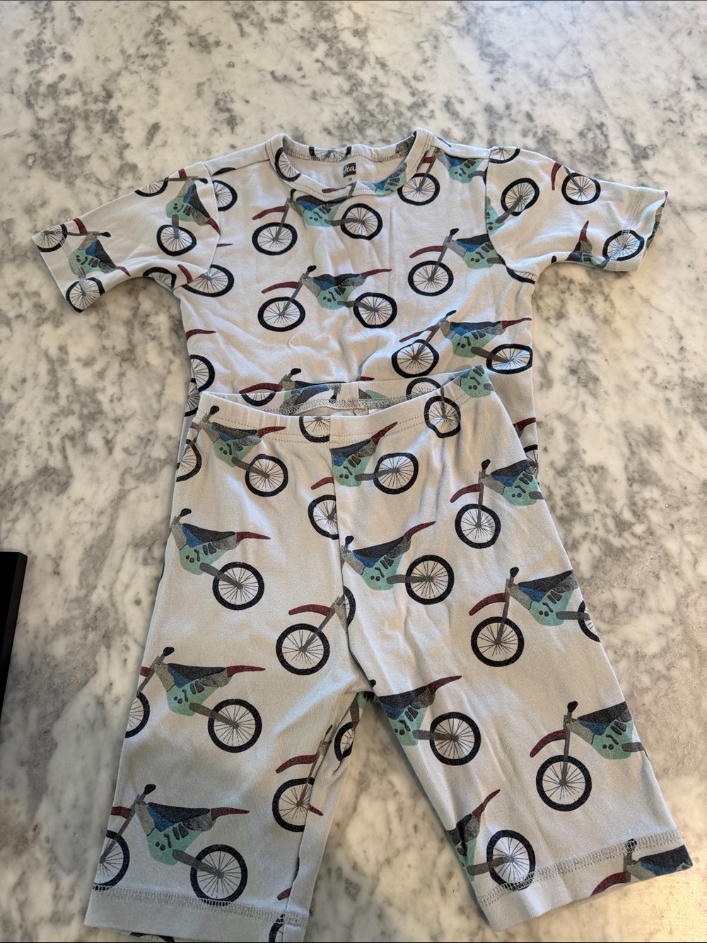 Kids Bicycle Print Pajama Set - White with Teal & Maroon